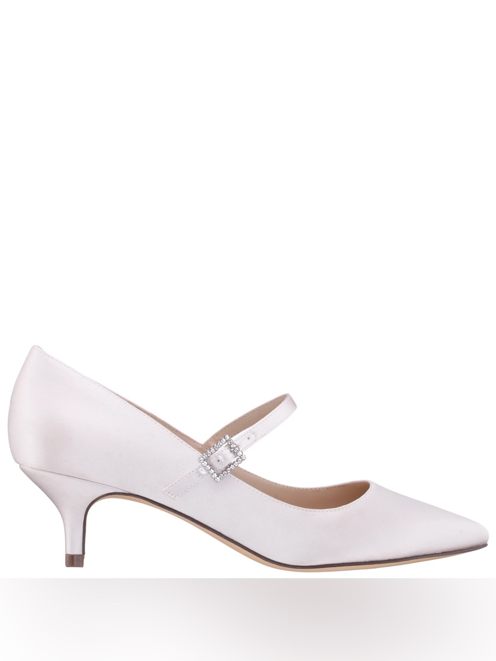 Women’s White Satin Mary Jane Kitten Heel Pump with Rhinestone Buckle Never Worn